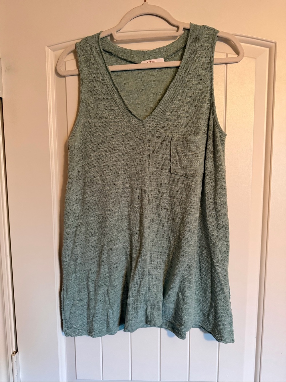 Cherish Sage Green Lightweight Knit V-Neck Pocket Tank Top Small